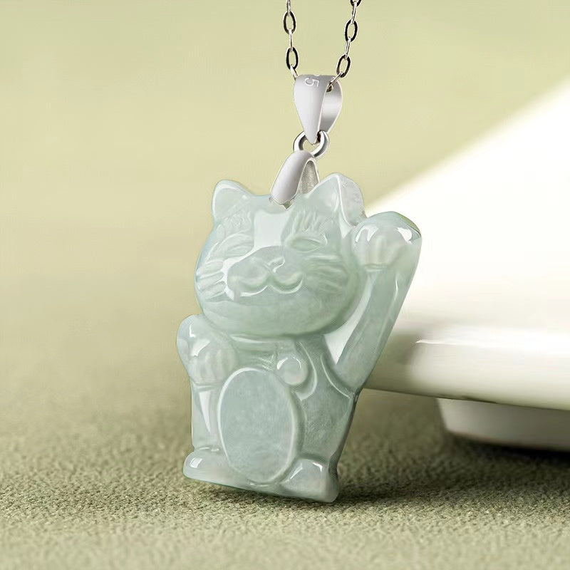 Maneki-neko White Jade Necklace-Lucky Fortune Waving Arm Cat