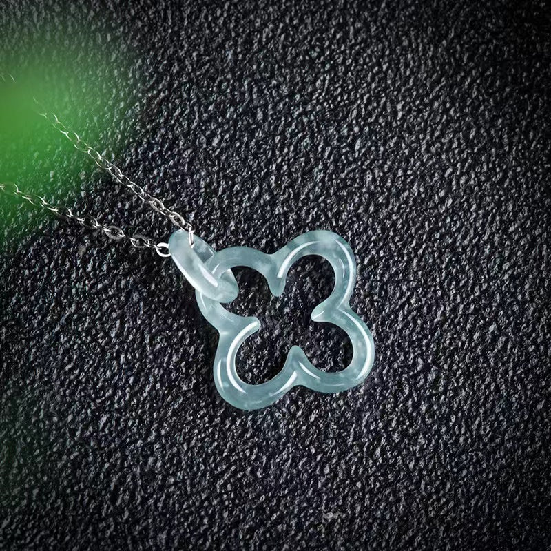 Luck Four Leaf Clover Jade Pendant Necklace-925 Sterling SIlver