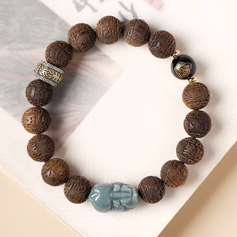 Blue Water Jadeite Pixiu Sandalwood Bracelet-Quiet Resolve