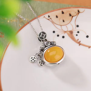 Yellow Amber Money Bag Silver Necklace-Luck Prosperity