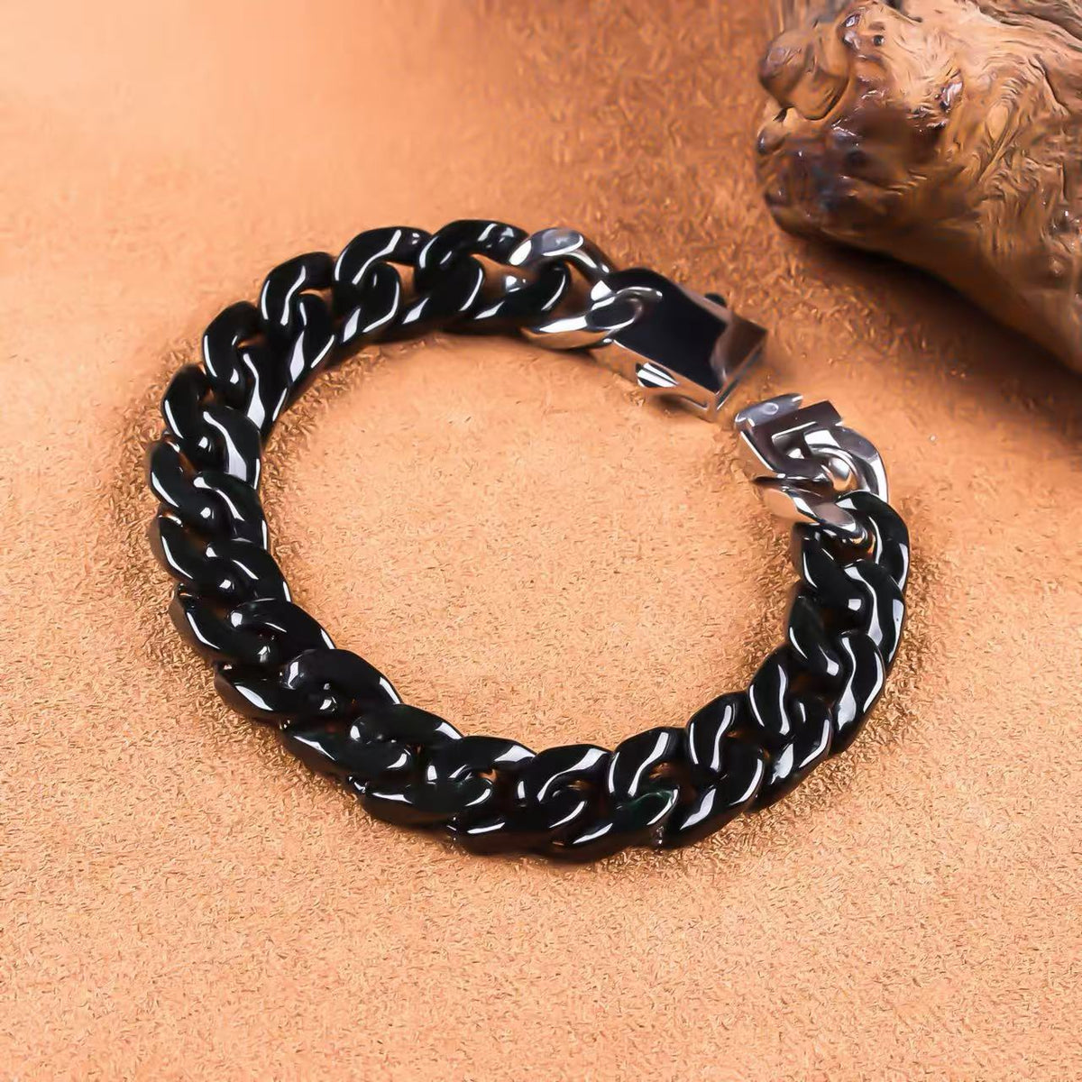 Polished Edge-Black Jadeite Cuban Link Bracelet