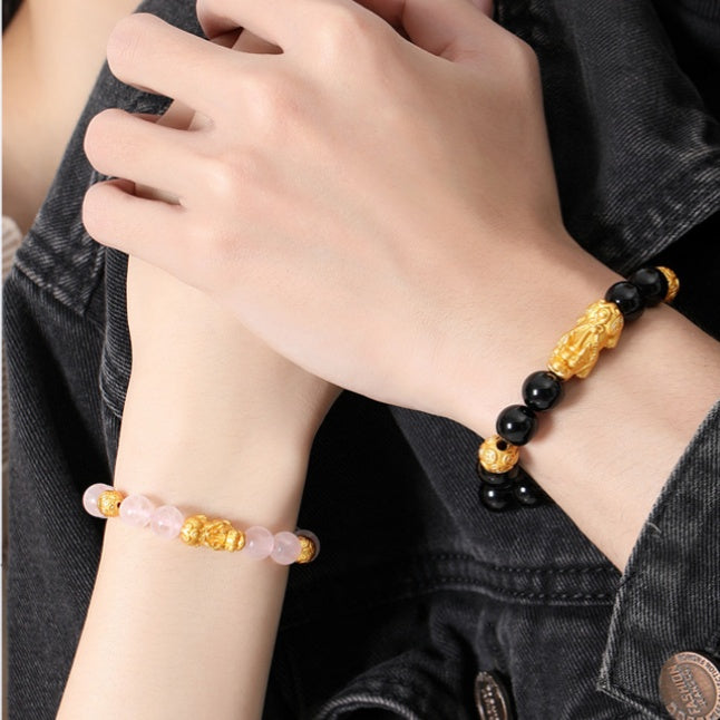 Welcoming Fortune-Pixiu Gold-Tone Couple Beaded Bracelet