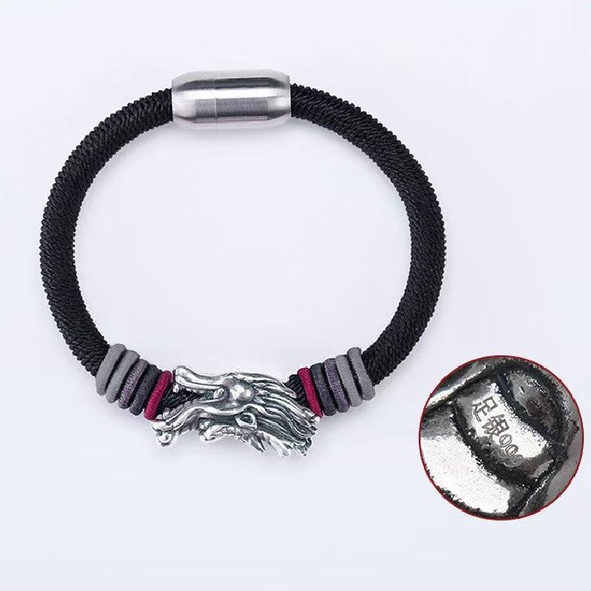 Men’s Sterling Silver Dragon Head Handmade Rope Bracelet -Protection&Luck