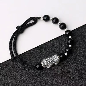 Black Obsidian 999 Silver Pixiu Bracelet-Attract Luck