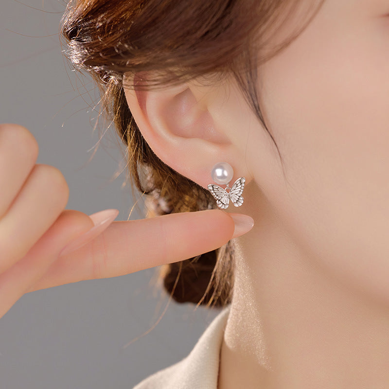 Ethereal Butterfly Pearl Silver Stud Earrings