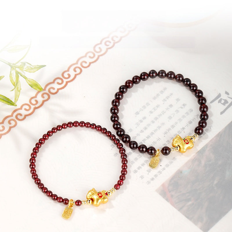 Gold-Plated Silver Lucky Horse Garnet Bracelet-Steady Beyond Obstacles