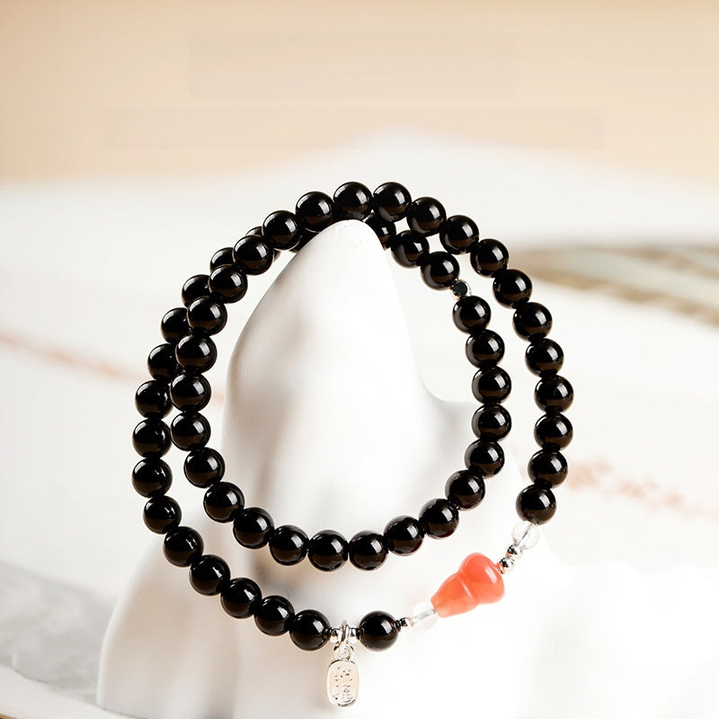 Pink Agate Gourd Obsidian Double-Wrap Bracelet-Calm Intention