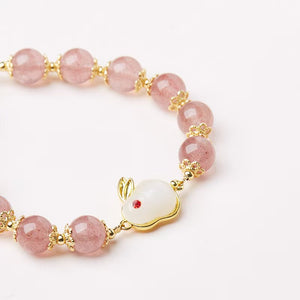 White Jade Rabbit Strawberry Quartz Bead Bracelet-Luck and Prosperity