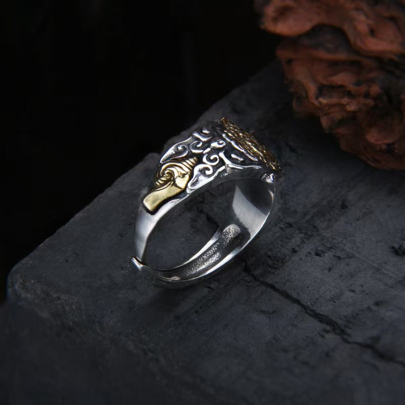 Tibetan Yellow Jambhala Men Silver Ring-Wealth+Protection