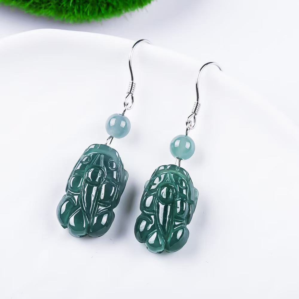 Grounded Abundance-Pixiu Jadeite Jade Dangle Earrings