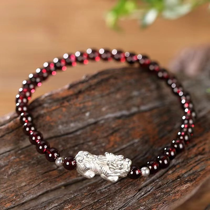 Natural Garnet Silver Pixiu Bracelet-Ancient Wisdom