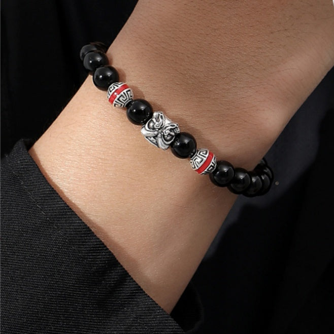 Lion Dance 925 Sterling Silver Obsidian Bracelet-Courageous Energy