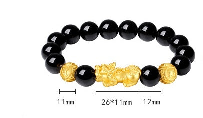Pixiu Gold-Tone and Obsidian Beaded Bracelet-Welcoming Fortune）