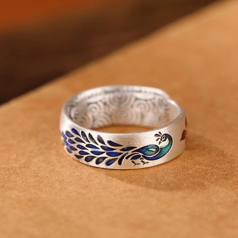 Peacoke Enamel Silver Ring-Protection Rebirth