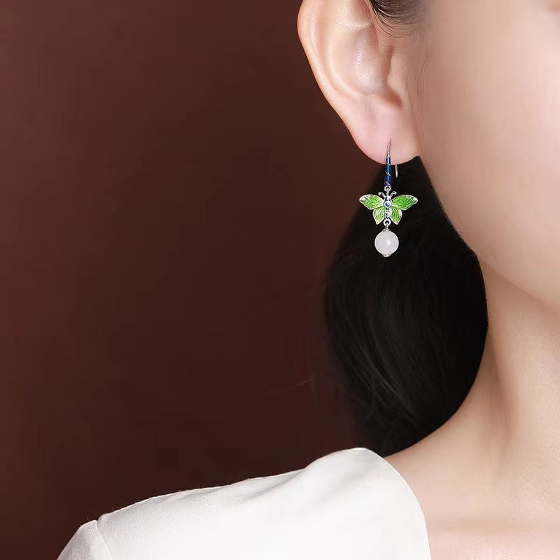 Natural Jade Cloisonne Butterfly Earrings-Peace and Harmony