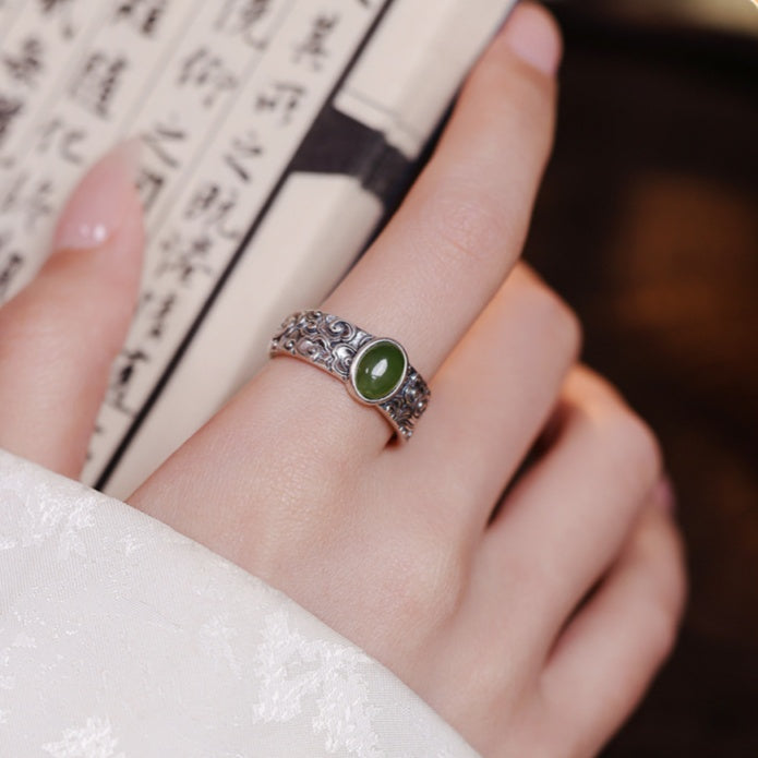 Auspicious Cloud Nephrite Jade 925 Sterling Silver Ring-Gentle Grace