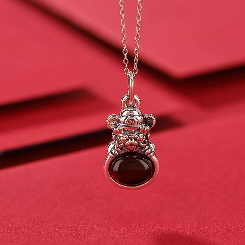 Tsai Shen Red Amber Silver Necklace-Attract Luck