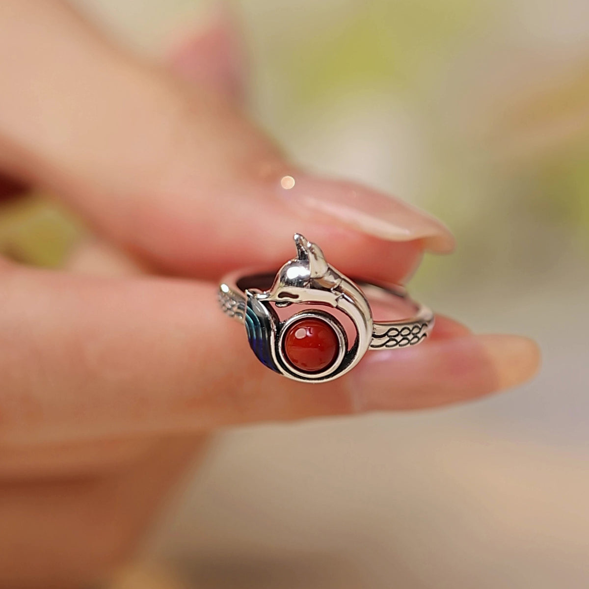 Playful Spirit-Fox Blue Enamel & Nanhong Agate Silver Ring