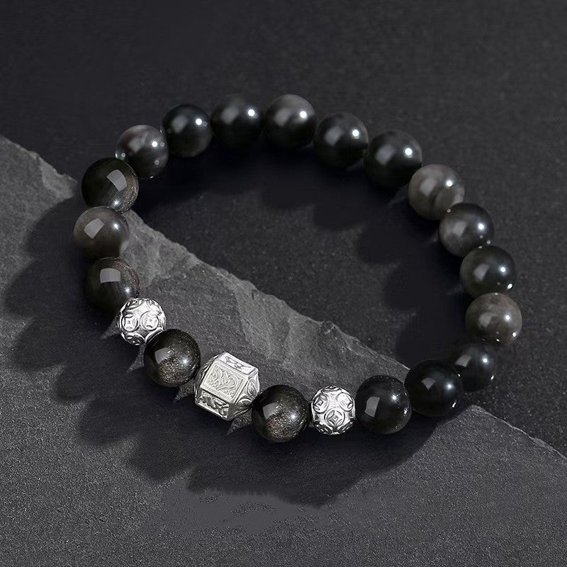 Tibetan Six True Words Obsidian Men`s Bracelet-Protection&Luck