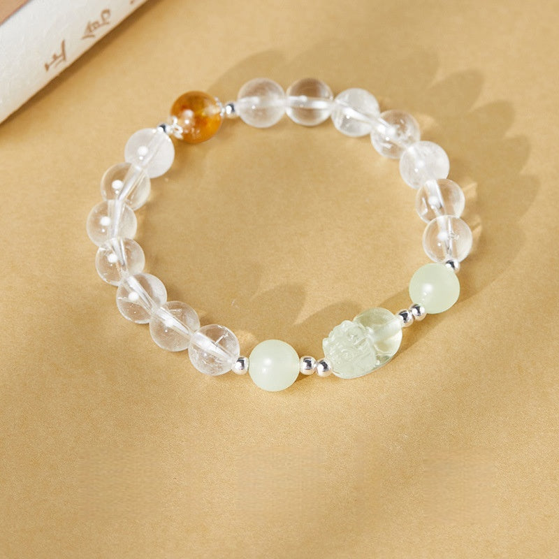 Lucky Jade Pixiu White Crystal Bracelet-Charm for Fortune & Prosperity