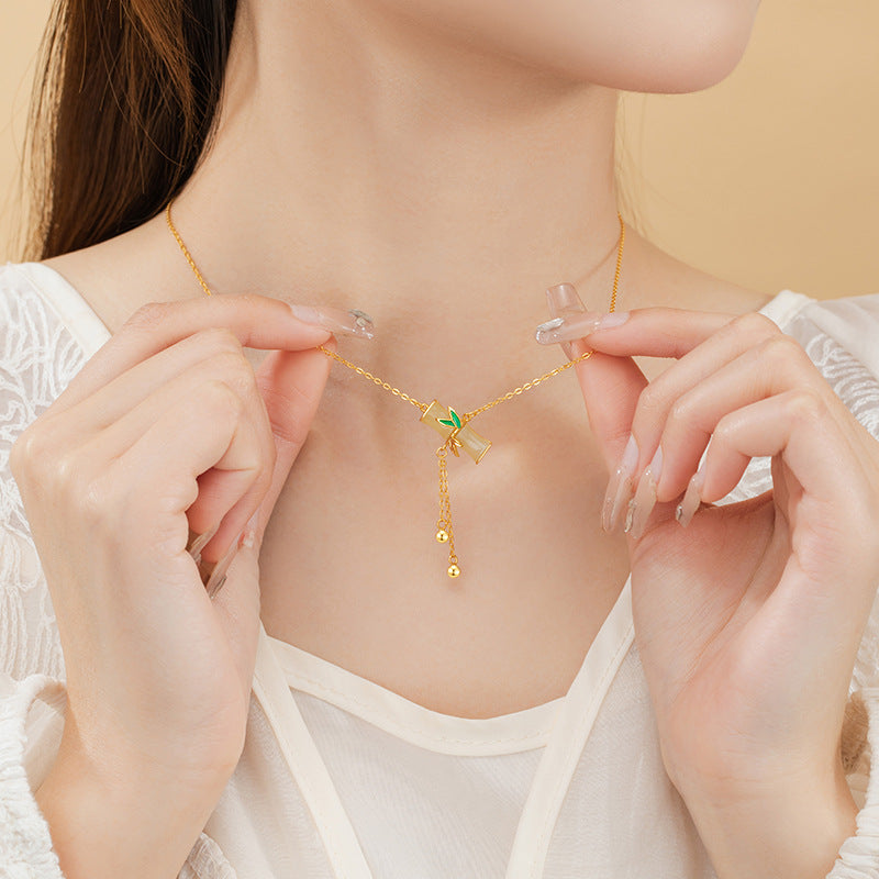 Bamboo Nephrite Jade Tassel Necklace-Happiness and Peace