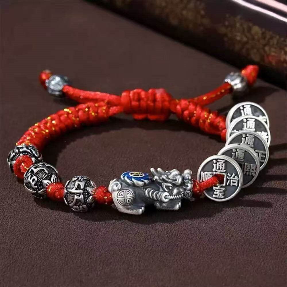Five Emperor Coins & Pixiu Silver Cord Bracelet-Prosperity & Protection
