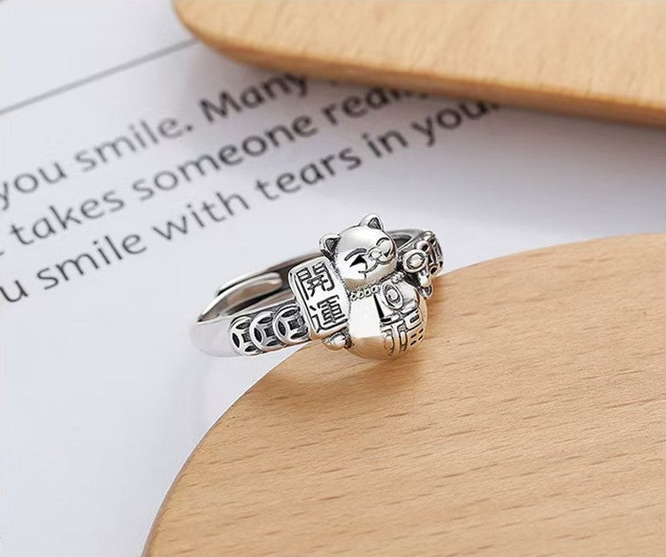 Wealth Cat Maneki Neko Silver Ring-Good Fortune and Luck