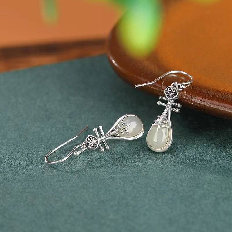 White Jade Ruyi Pipa Earrings-Good Fortune and Prosperity