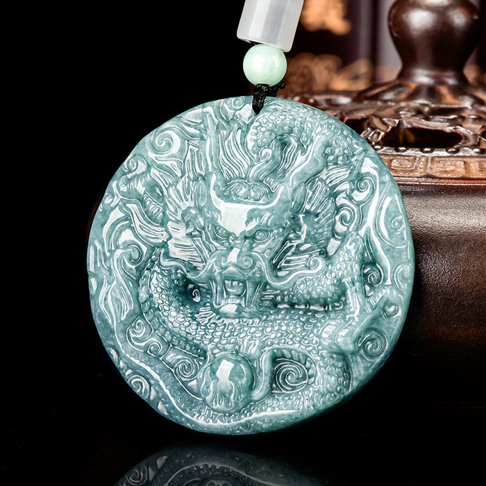 Grade A Blue Jadeite Dragon Pendant – Bold Ice Variety Jade Necklace for Men
