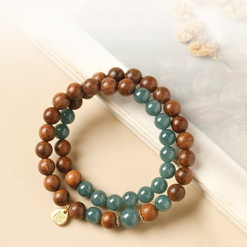 Sandalwood Blue Jadeite Double-Wrap Bracelet-Grounded Clarity