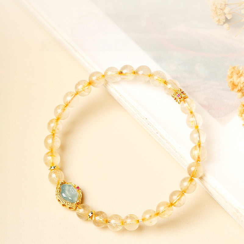 Blue-Water Jadeite Auspicious Cloud Golden Rutilated Quartz Bracelet-Steady Clarity