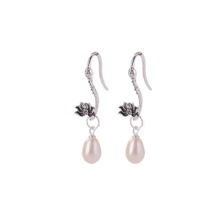 Silver Lotus Flower Pearl Earrings-Peace and Harmony