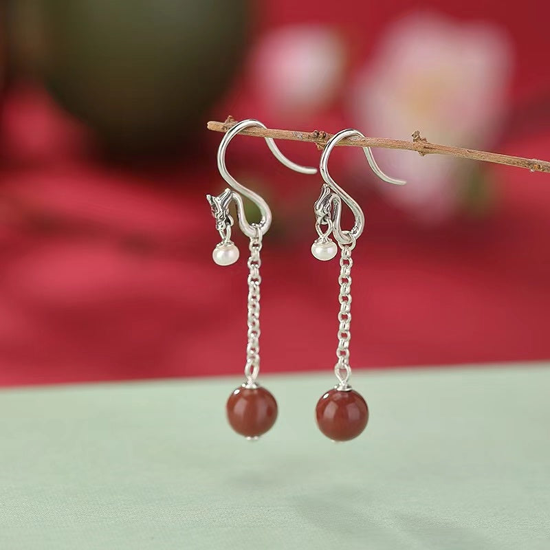 Auspicious Dragon Pearl Silver Drop Earrings-Fortune Prosperity