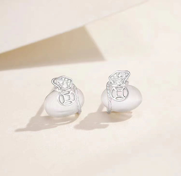 925 Silver Cat Eye Coin Stud Earrings-Wealth Symbol