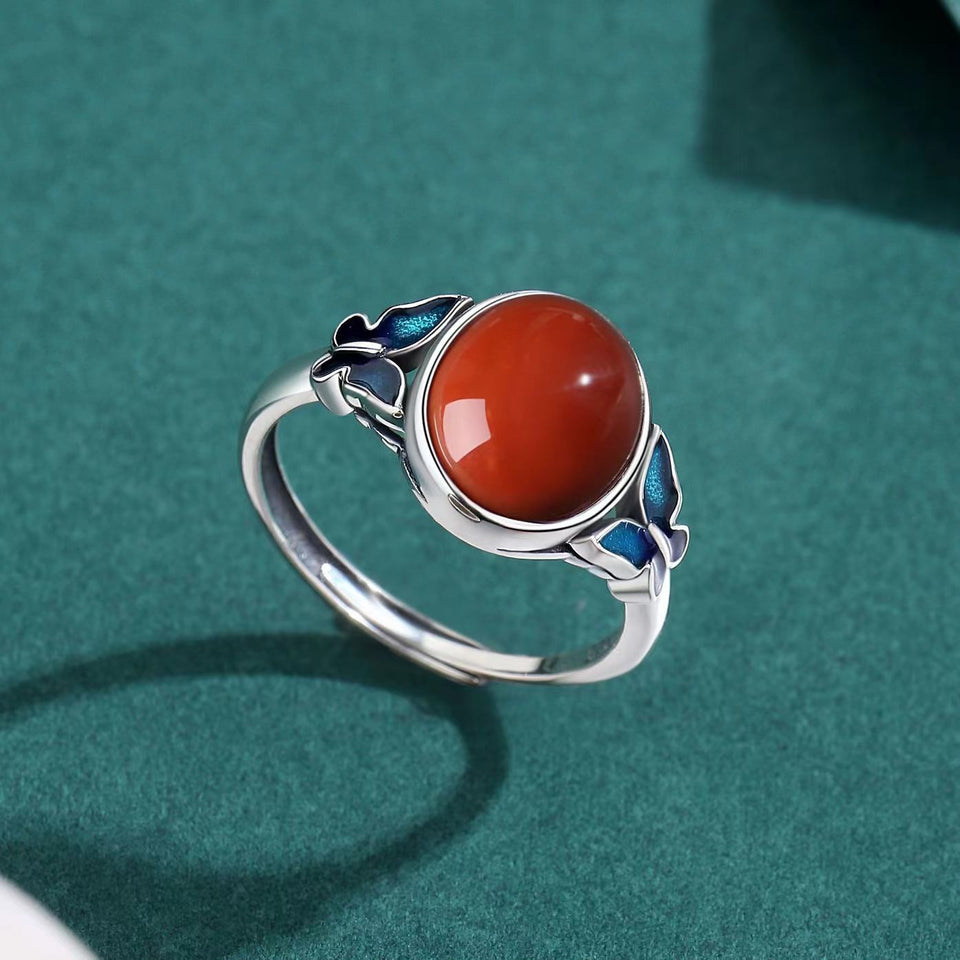 Blue Butterfly Red Agate Vintage Silver Ring-Luck Prosperity