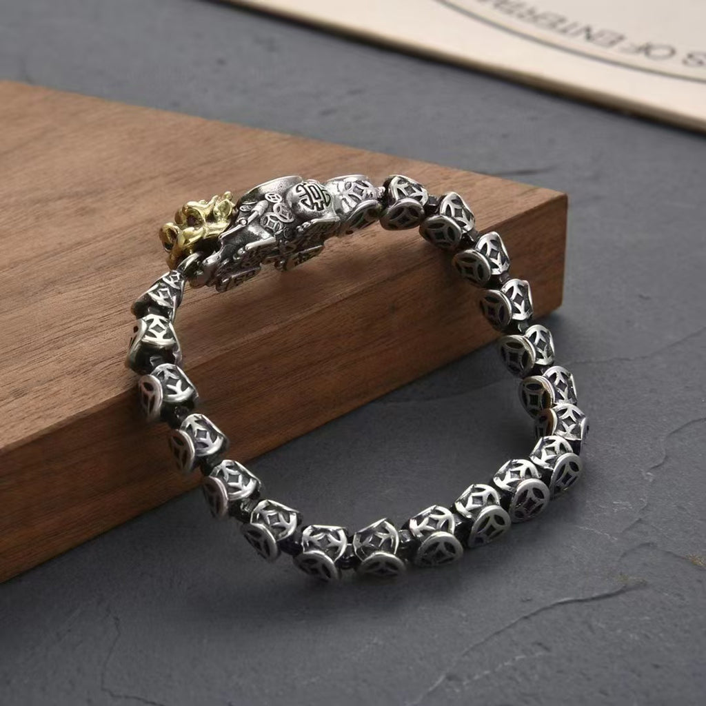 Vintage Silver-Plated Pixiu Coin Bracelet – Bold Design for Wealth & Protection