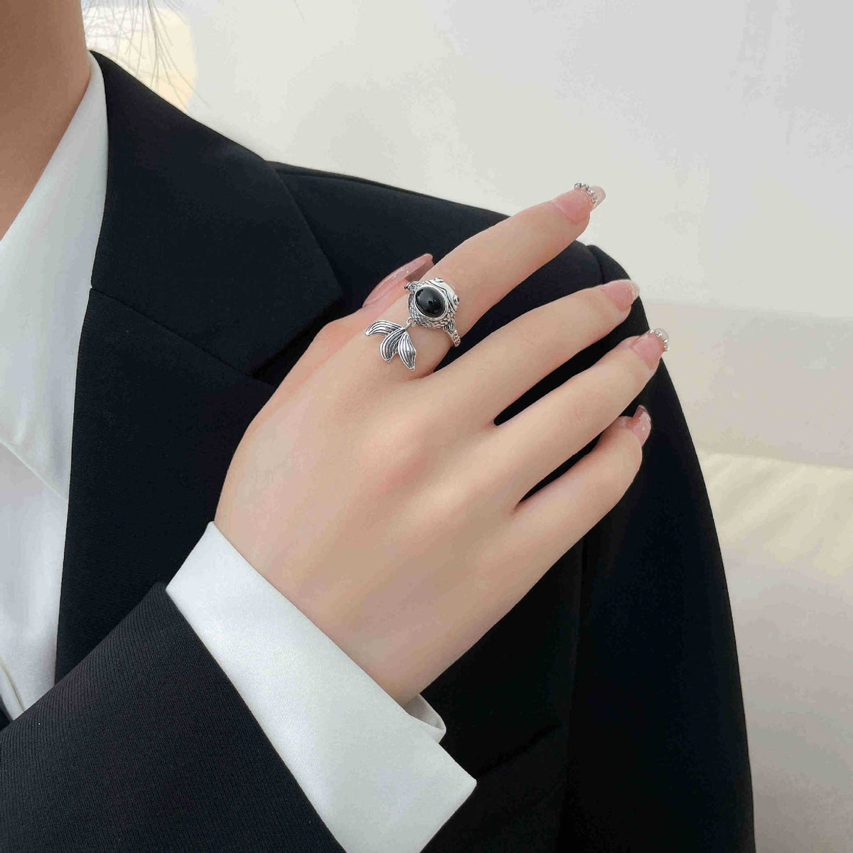Carp Black Agate 925 Sterling Silver Ring-Auspicious Abundance