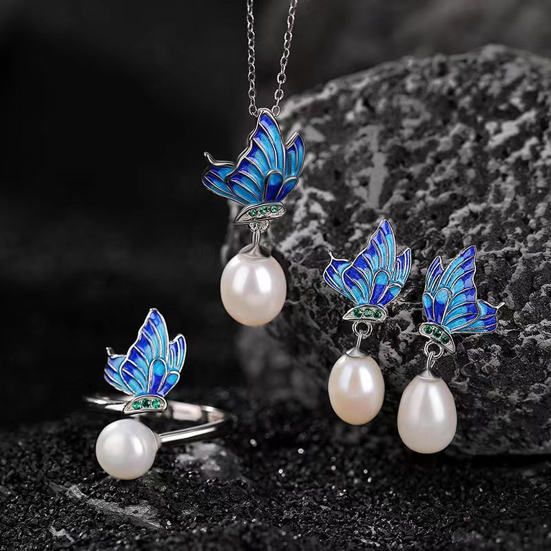 Natural Pearl Blue Enamel Butterfly Necklace-Peace and Harmony