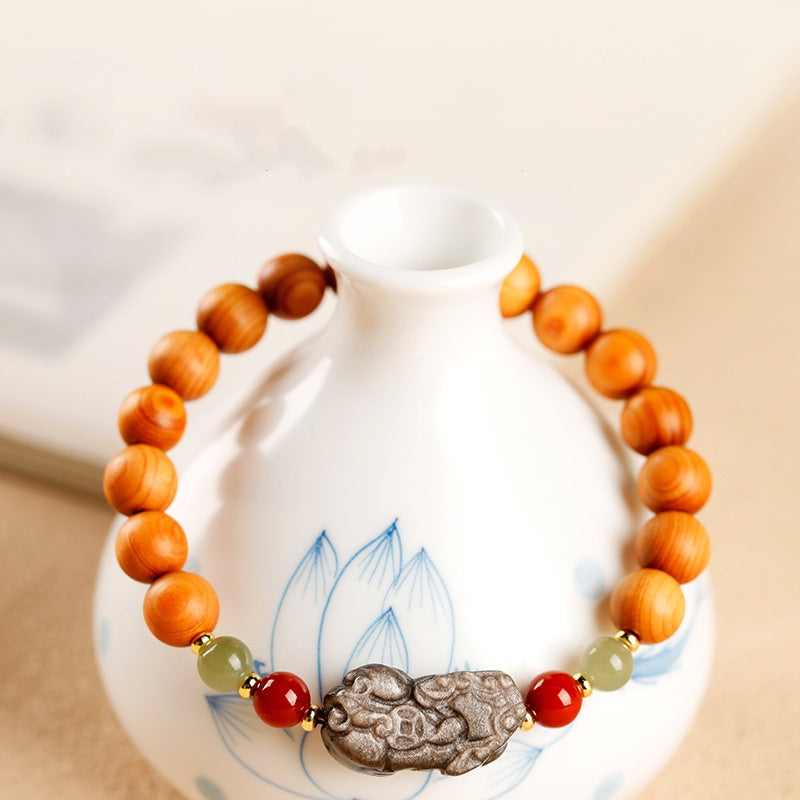 Thujawood Bracelet with Silver Obsidian PiXiu-Calm Strength & Wealth Protection