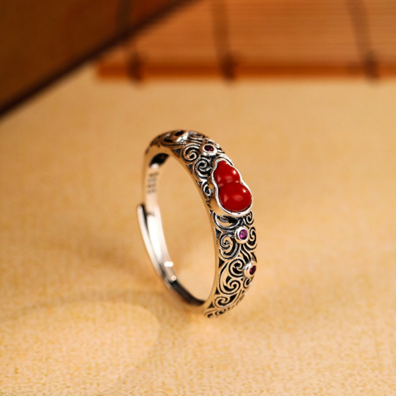 Lasting Blessings-Gourd & Cloud Red Agate Silver Ring