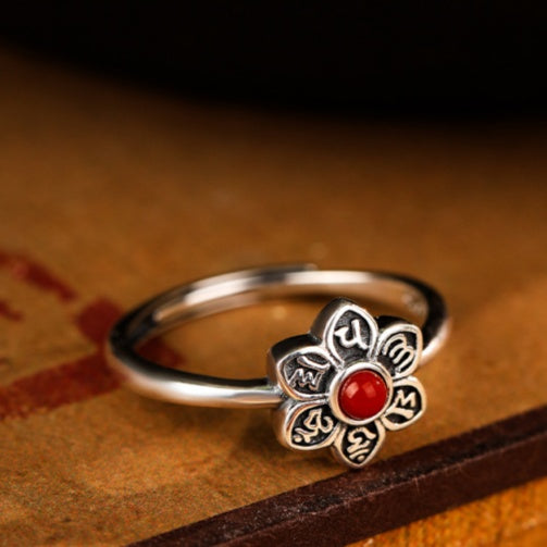 Six Syllable Mantra Red Agate S925 Silver Ring-Quiet in Bloom