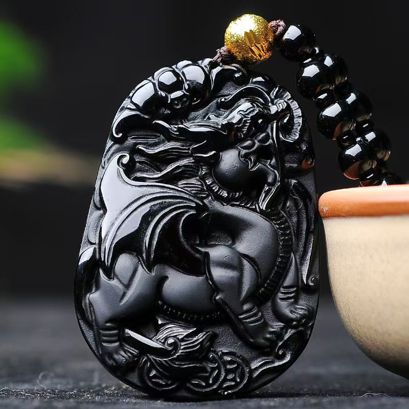 Black Obsidian “Flying Pixiu” Pendant – Hand-Carved Guardian of Wealth & Power