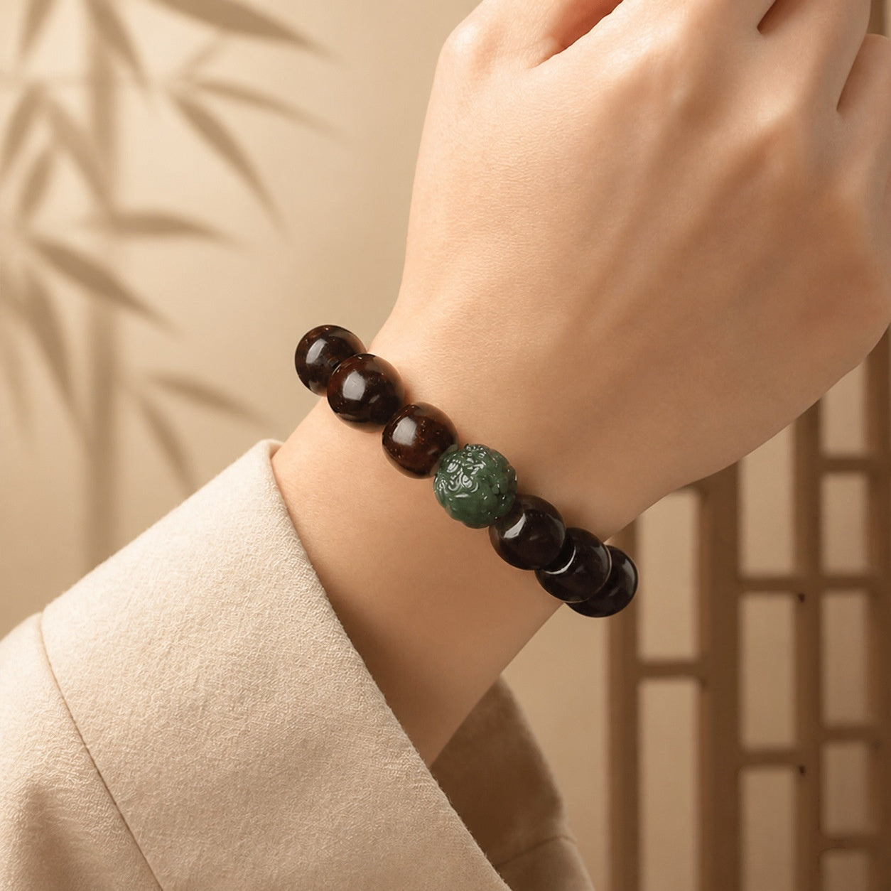 Nephrite Jade Pixiu Rosewood Bracelet-Rooted Momentum