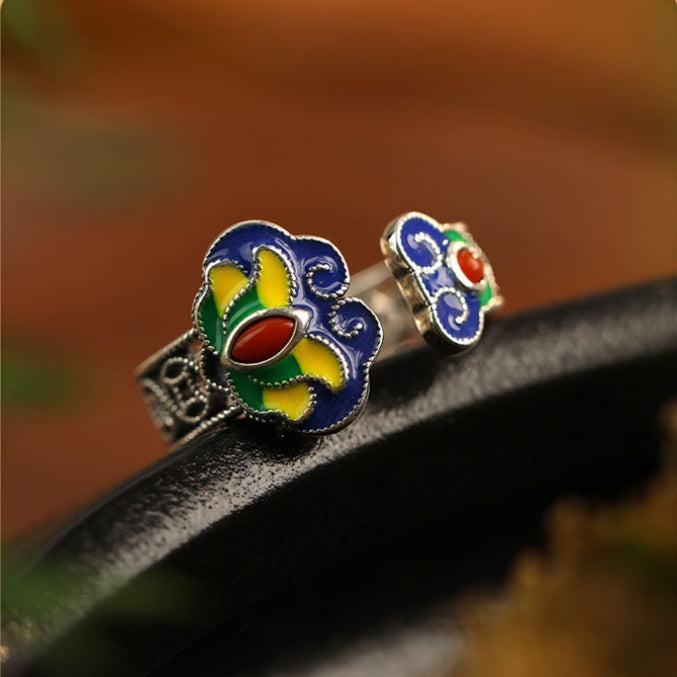 Enamel Ruyi Cloud Agate S925 Silver Adjustable Ring-Graceful Blessings