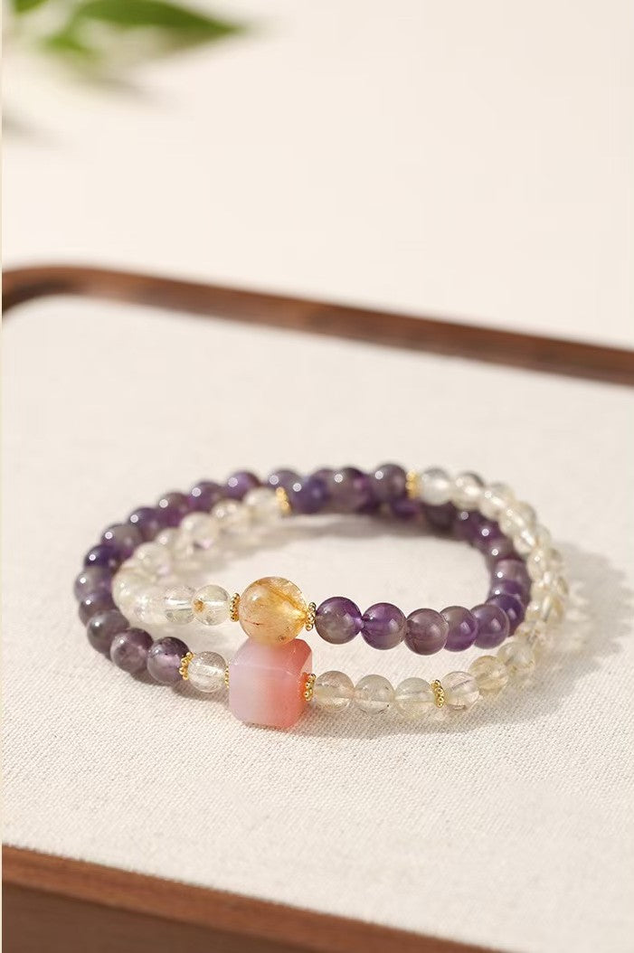 Square Pink Agate Amethyst and Citrine Double-Strand Bracelet