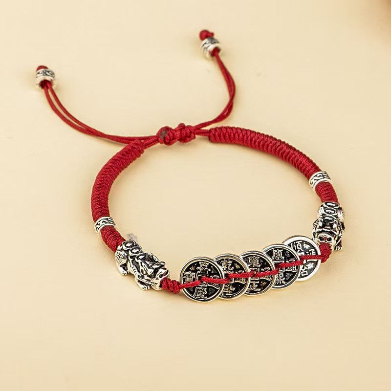 Five Emperors Coins Double Pixiu Red String Bracelet-Attract Luck