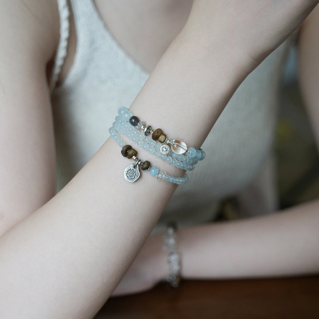Aquamarine & Agarwood Wrap Bracelet Necklace-Morning Light
