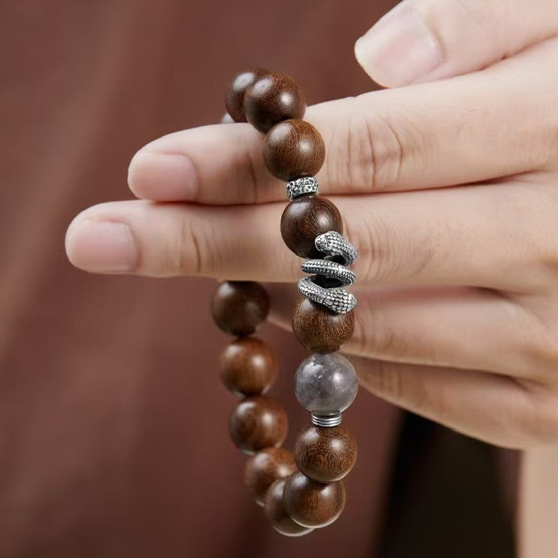 Silver Snake Sandalwood Bead Bracelet-Protection and Wealth