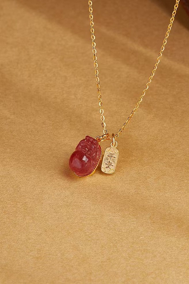 Strawberry Quartz Pixiu & Peace Amulet Pendant Necklace -Attract Luck& Peace