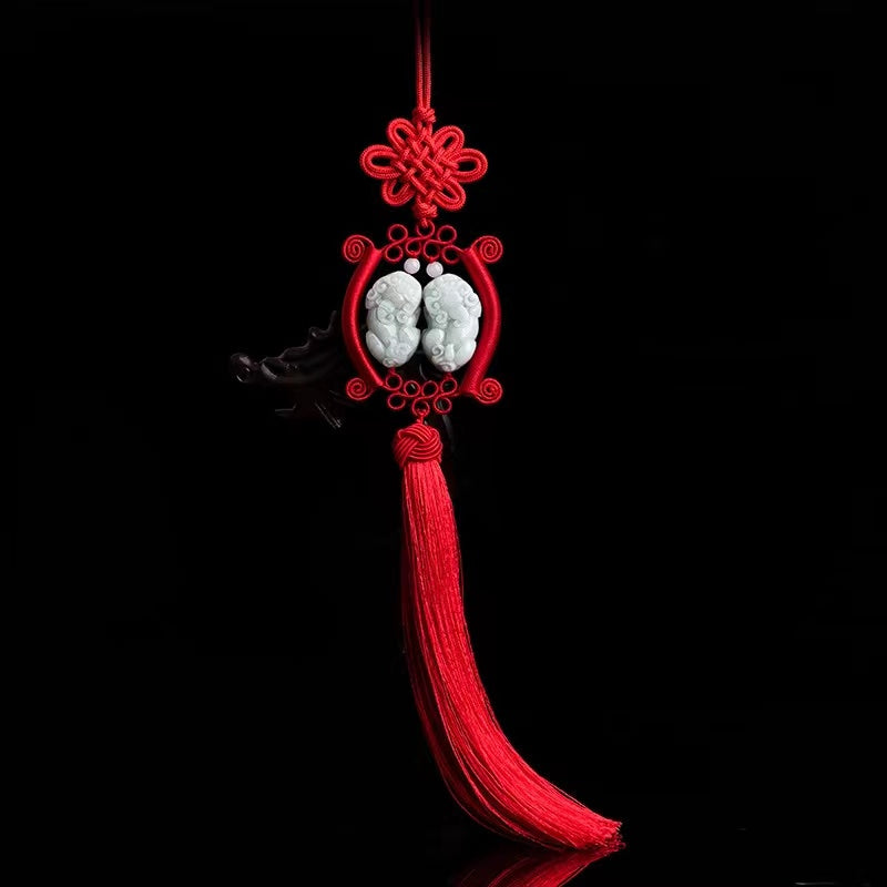 Double Pixiu Auto Hanging Ornament-Natural Jade